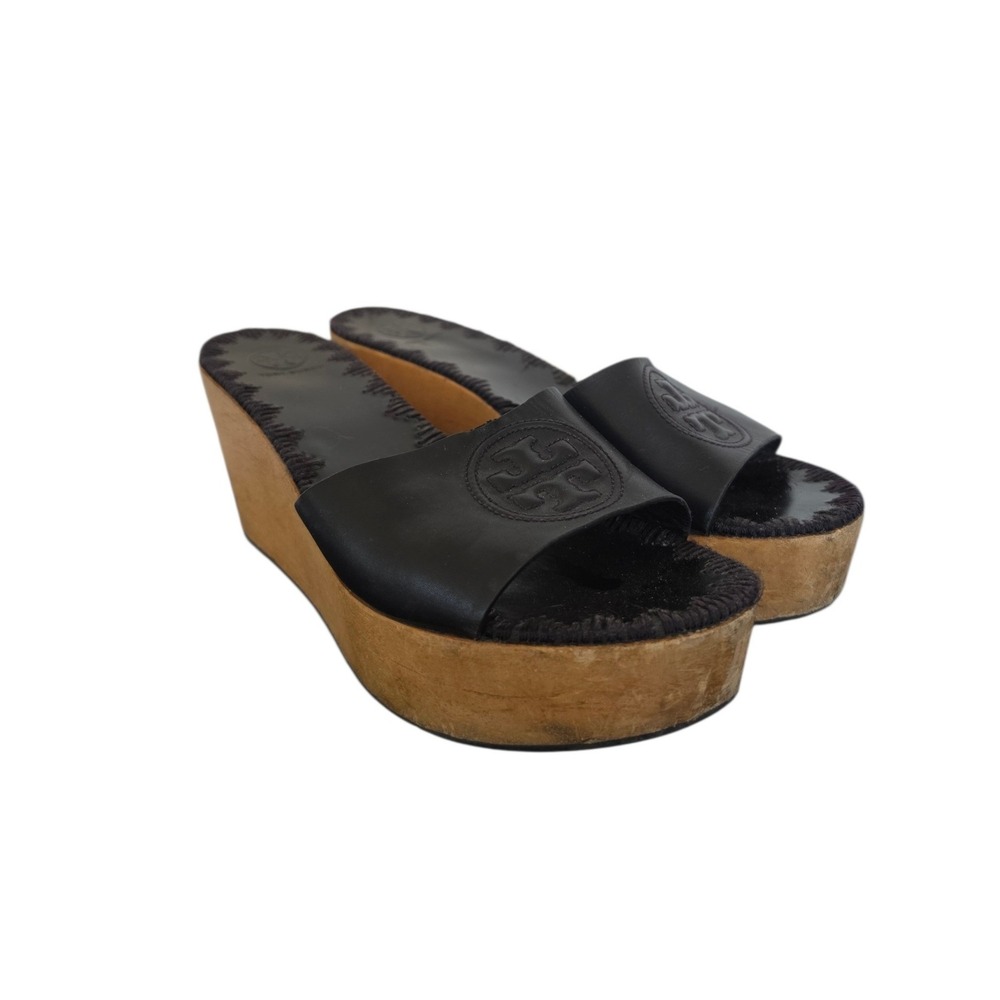 Tory Burch Leather Big Logo Boho Black Wooden Platform Sandals sz 9 READ